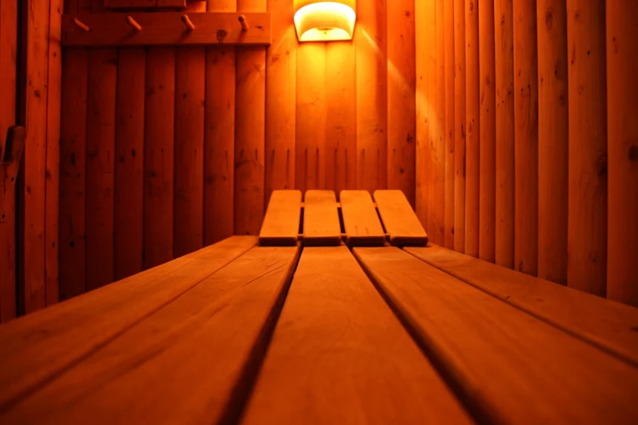 Empty wooden sauna benches lit by a warm wall lamp